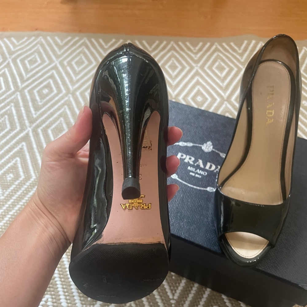 Prada Black Patent Leather Peep-Toe Heels - Picture 3 of 10